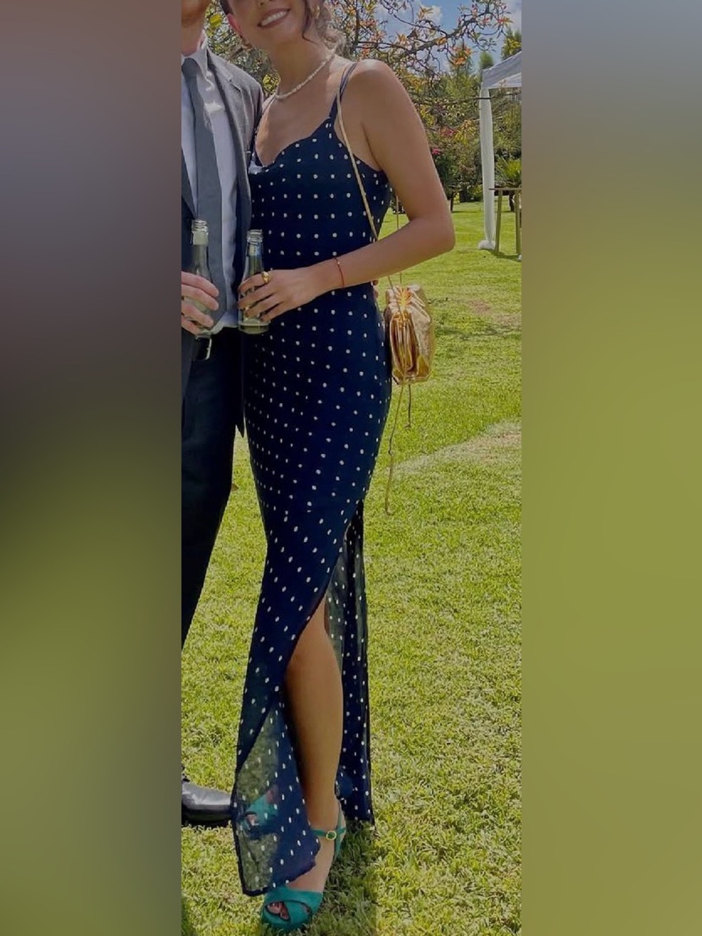 Reformation Spaghetti-Strap Navy Polka Dot midi dress